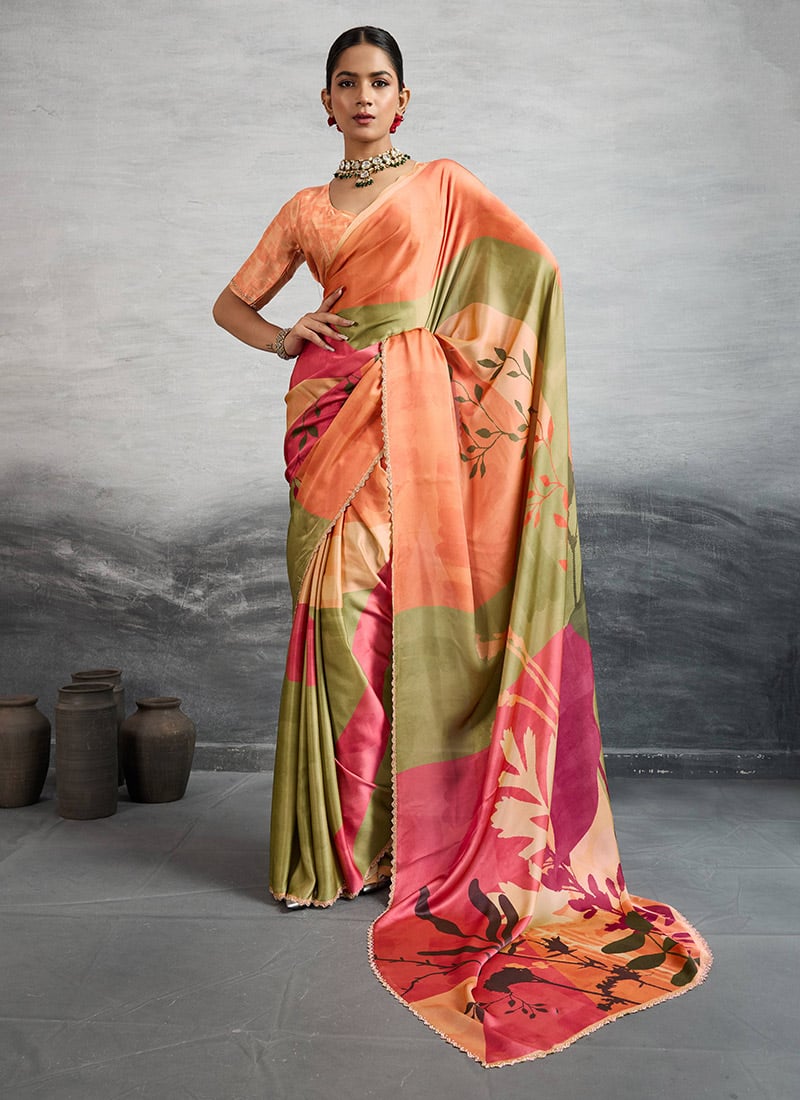 Orange Satin Silk Digital Print And Stones Saree After Six Wear