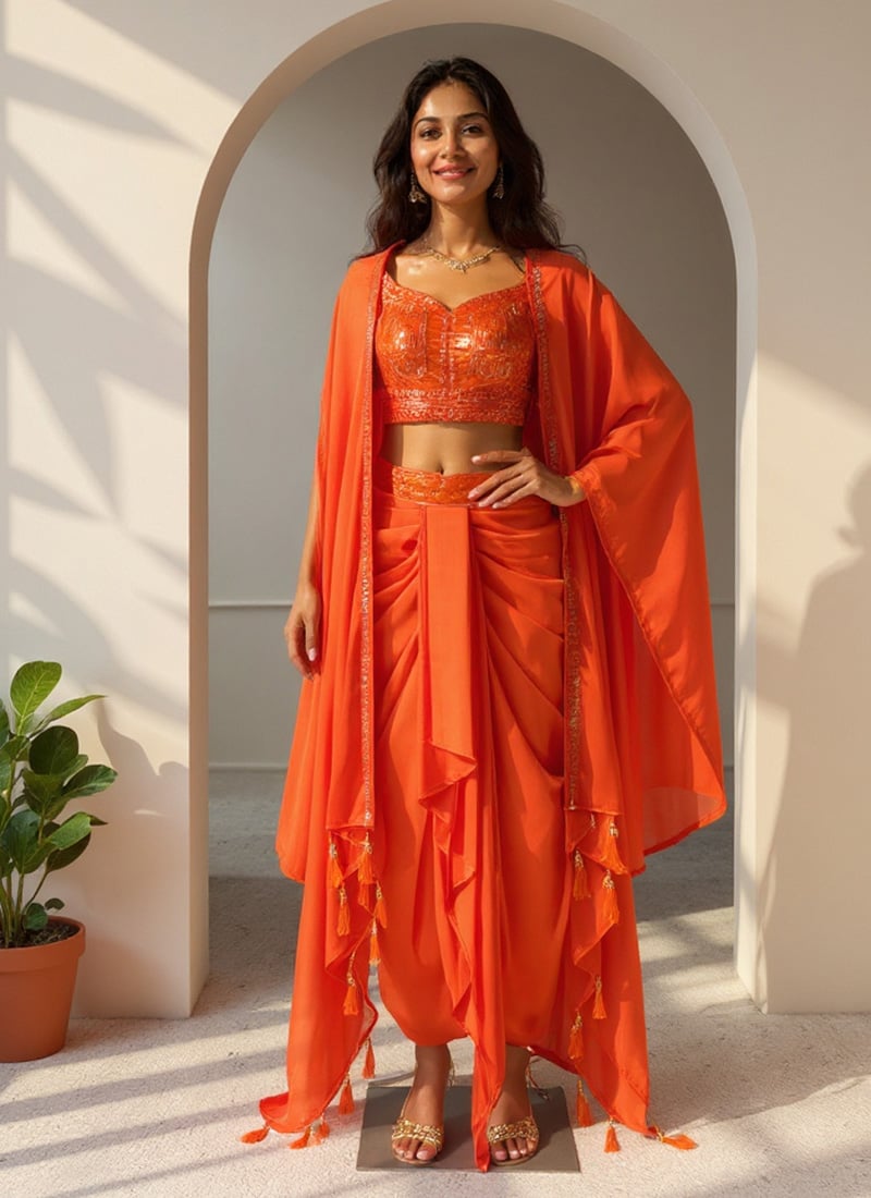 Orange Satin Silk Sequins Indowestern Dhoti Jacket Festive Wear-IWSUSRTC5842OR
