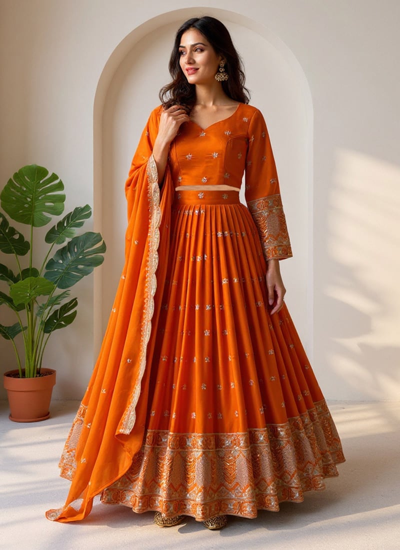Orange Satin Silk Sequins Zari Lehenga Wedding Wear