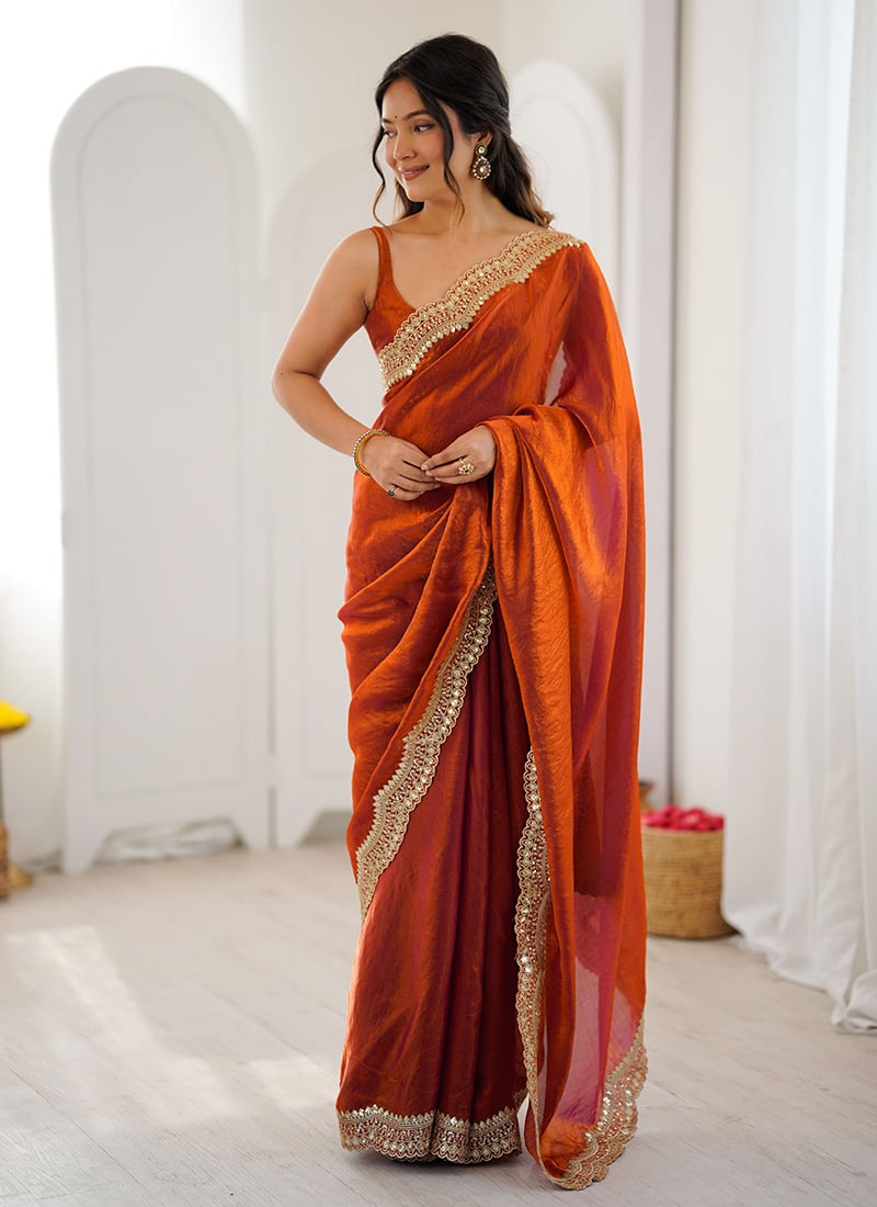 Orange Satin Silk Zari Embroidered Sequins Saree After Six Wear