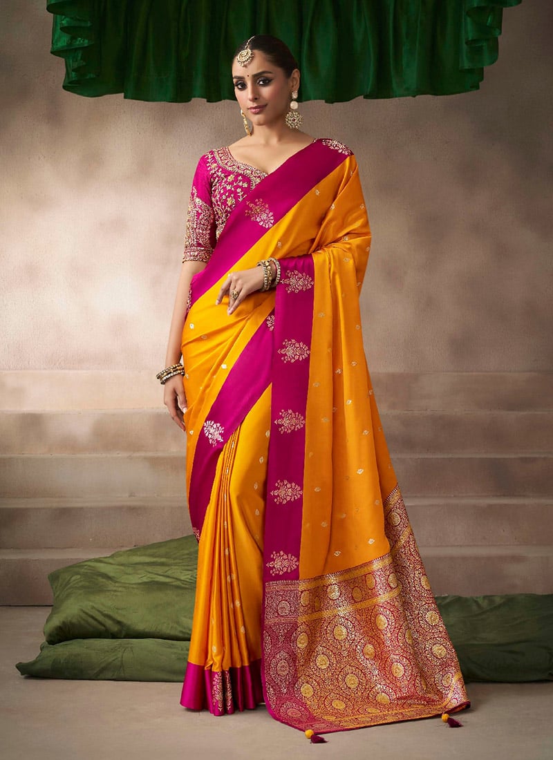 Orange Satin Silk Zari Embroidered Sequins Saree