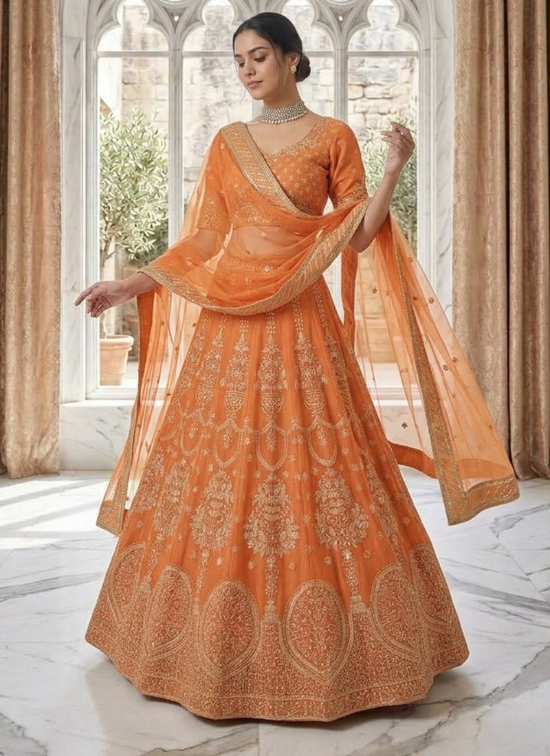 Orange Sequins Embroidered Georgette Lehenga Wedding Wear