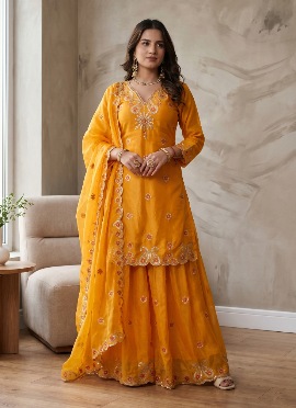 Orange Sequins Embroidered Silk Palazzo Suit