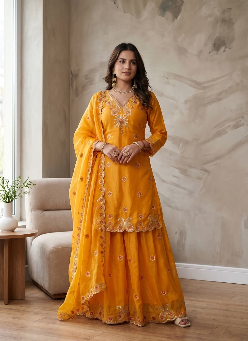 Orange Sequins Embroidered Silk Palazzo Suit After Six Wear