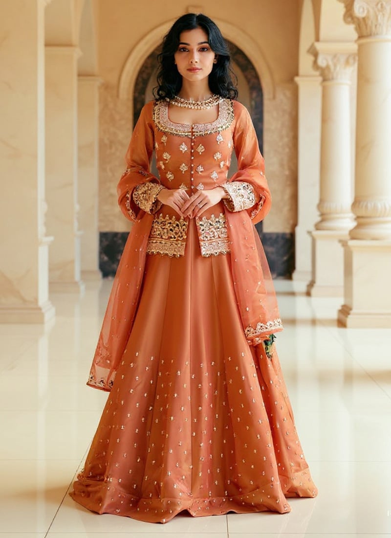 Orange Shimmer Silk Embroidered Sequins Long Choli Lehenga Festive Wear