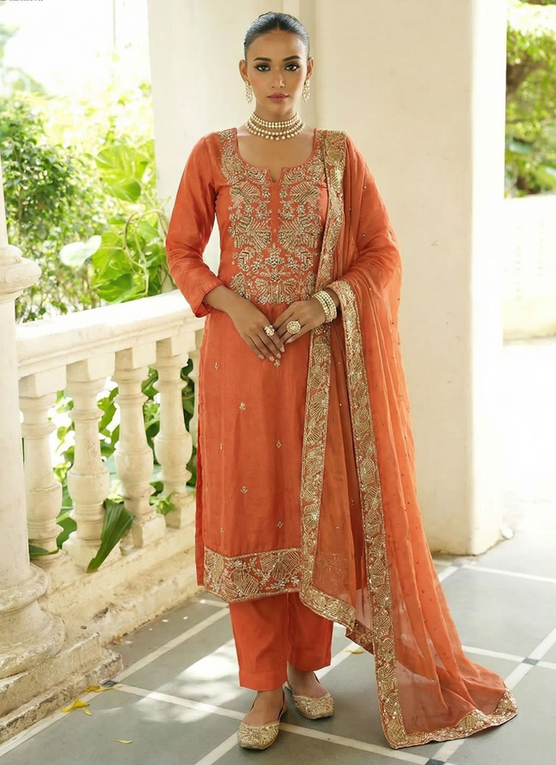 Orange Shimmer Silk Embroidered Sequins Straight Pant Suit Festive Wear