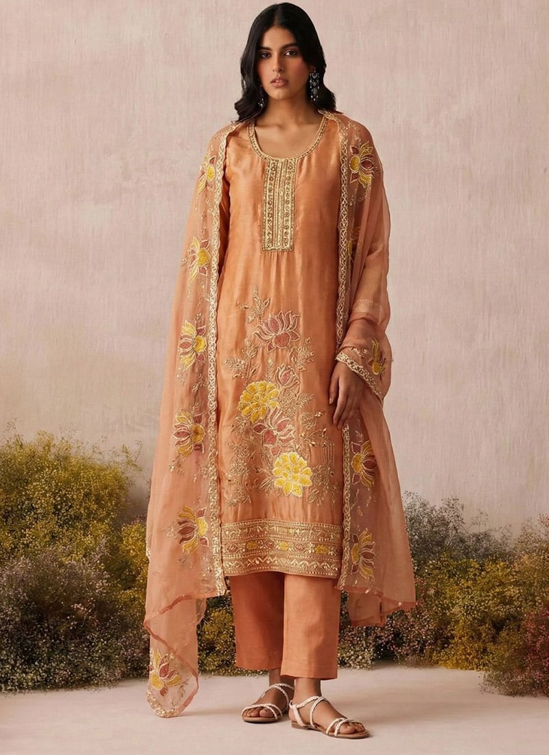 Orange Shimmer Silk Embroidered Sequins Straight Pant Suit Festive Wear