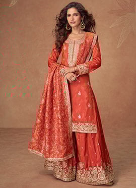 Orange Shimmer Silk Zari And Embroidered Sequins Palazzo Suit Festive Wear