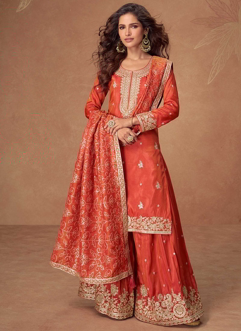 Orange Shimmer Silk Zari And Embroidered Sequins Palazzo Suit Festive Wear