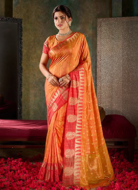 Orange Shimmer Tussar Silk Jacquard Zari Saree