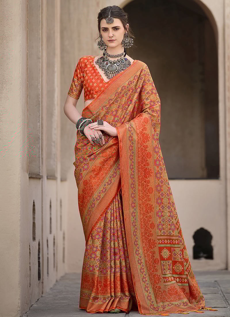 Orange Silk Ajrakh Printed Saree Festive Wear