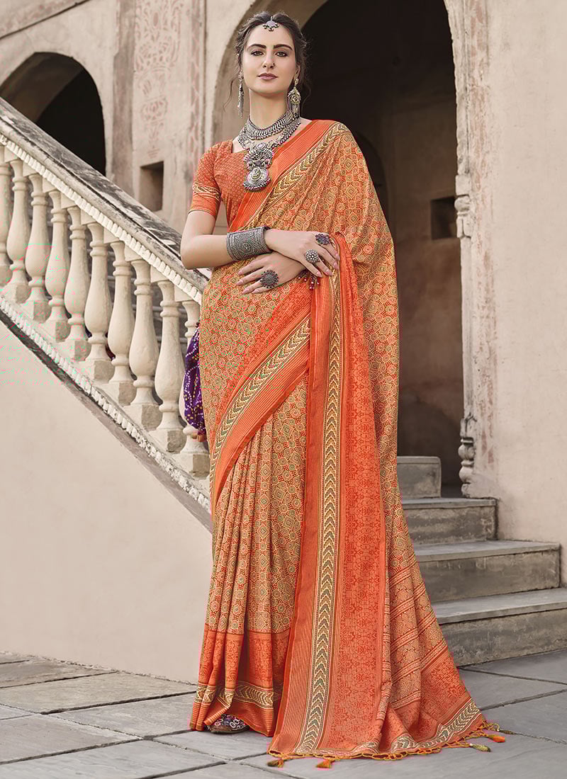 Orange Silk Ajrakh Printed Saree Festive Wear