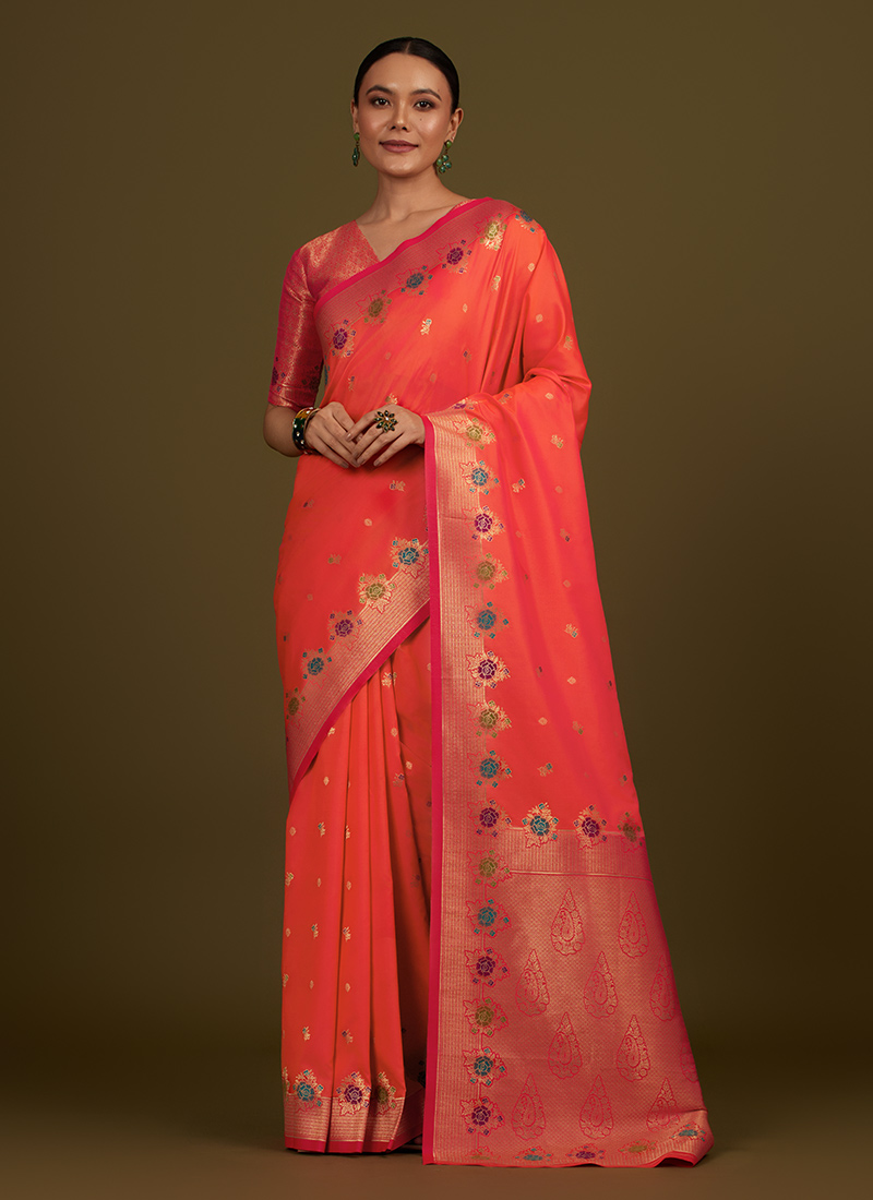 Orange Silk Banarasi Zari Woven Saree Festive Wear