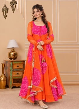 Orange Silk Bandhani Embroidered Anarkali Suit