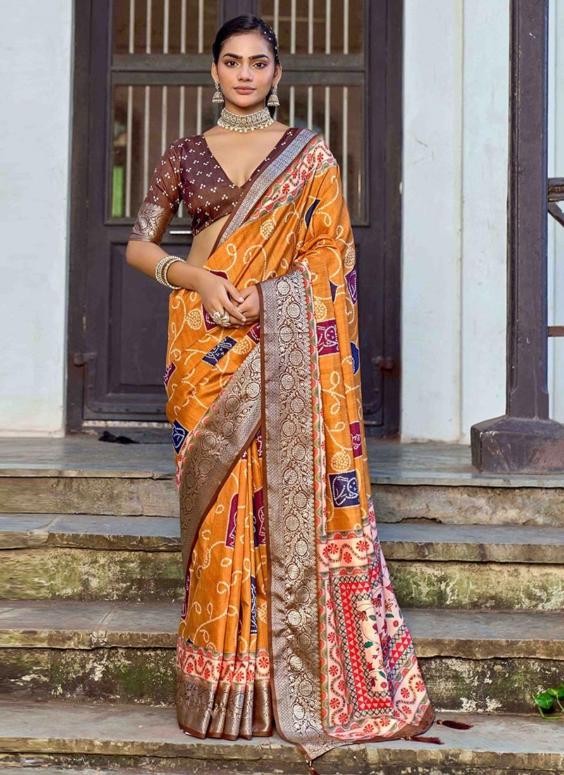 Orange Silk Bandhini Ajrakh Print Saree After Six Wear