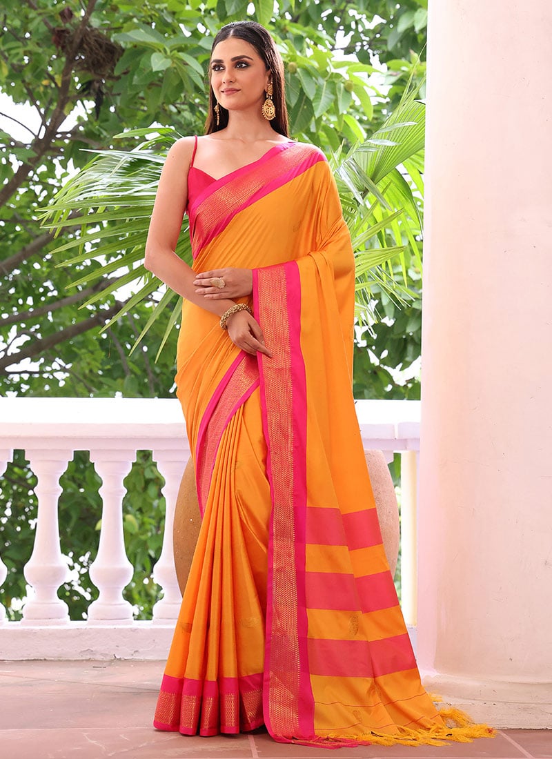 Orange Silk Blend Woven Zari Saree Festive Wear