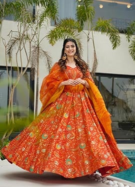 Orange Silk Digital Print Anarkali Suit