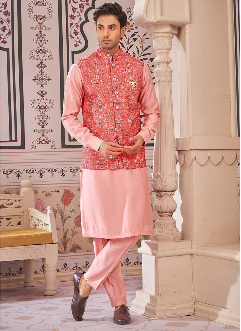 Orange Silk Embroidered Bandi Set Festive Wear