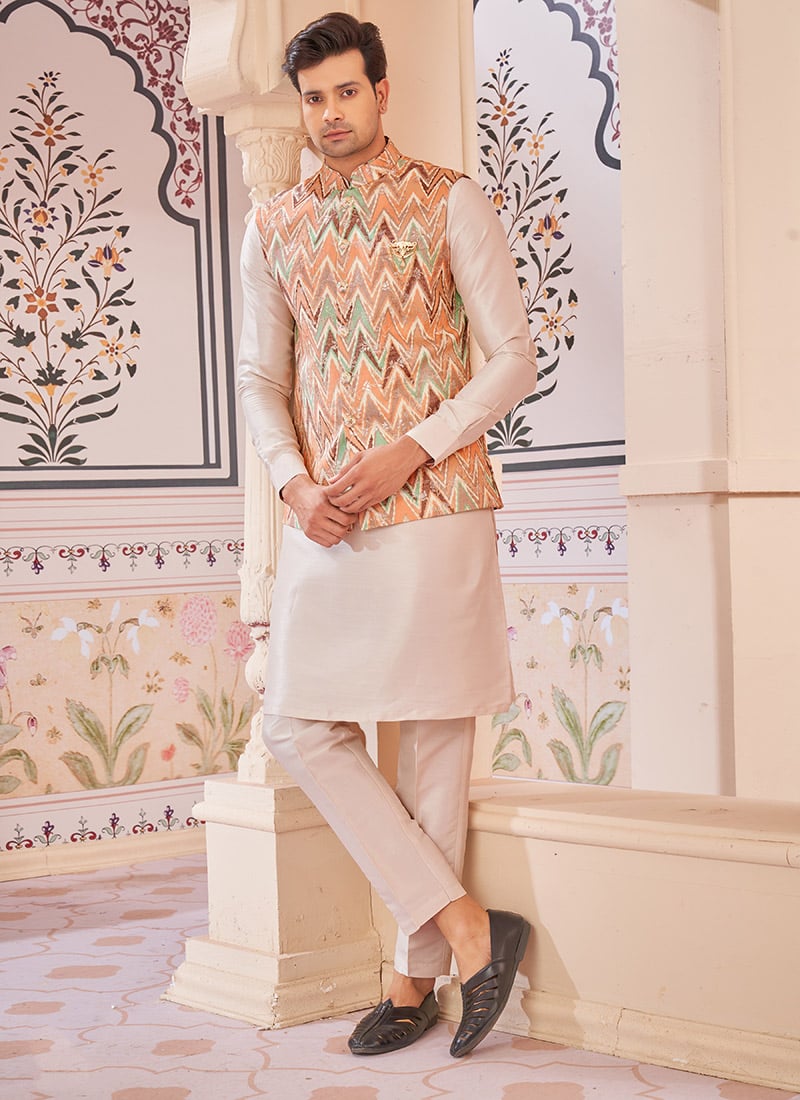 Orange Silk Embroidered Bandi Set Festive Wear