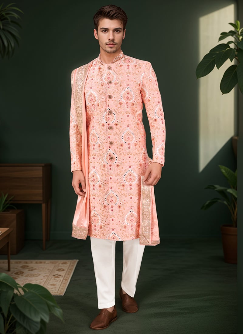 Orange Silk Embroidered Classic Sherwani Wedding Wear