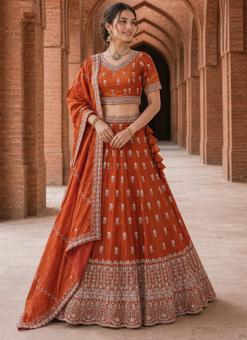 Orange Silk Embroidered Moti Work Lehenga After Six Wear