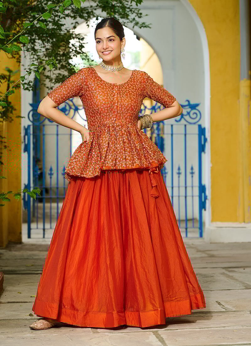Orange Silk Embroidered Sequins Indowestern Peplum Blouse And Skirt Festive Wear