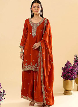 Orange Silk Embroidered Sequins Palazzo Suit