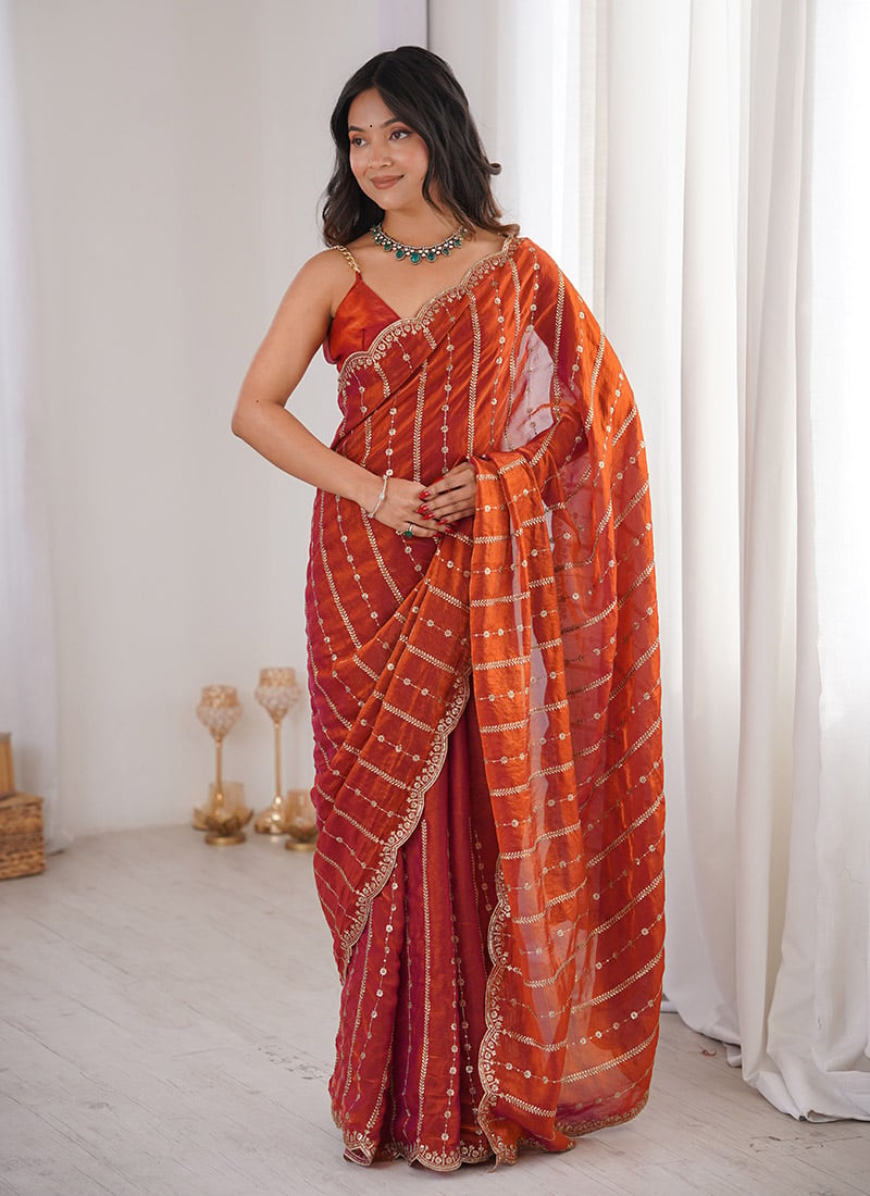 Orange Silk Embroidered Sequins Saree Party Wear