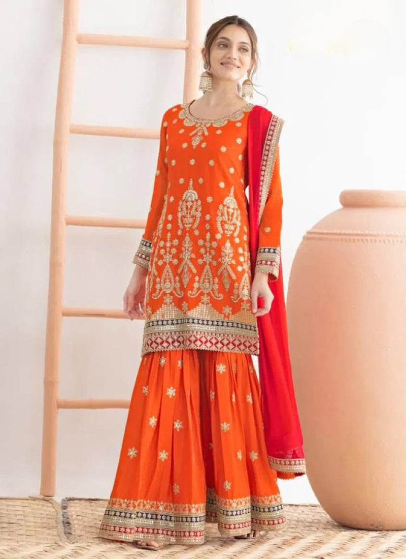 Orange Silk Embroidered Sequins Sharara Suit Festive Wear