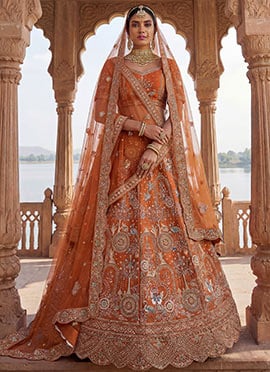 Orange Silk Embroidered Sequins Stone With Zari Work Lehenga