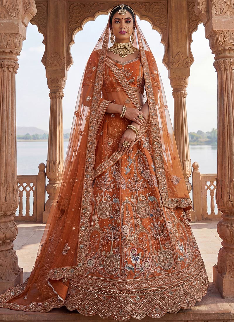 Orange Silk Embroidered Sequins Stone With Zari Work Lehenga Wedding Wear