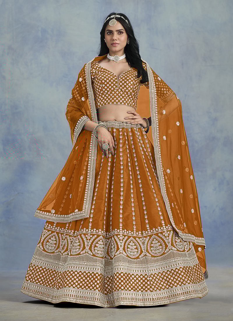 Orange Silk Embroidered Sequins Umbrella Lehenga Wedding Wear
