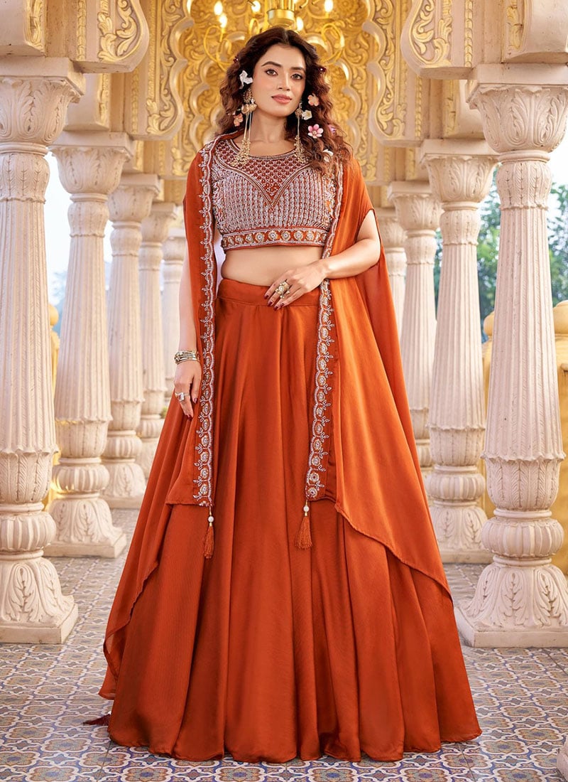 Orange Silk Embroidered Umbrella Lehenga Wedding Wear