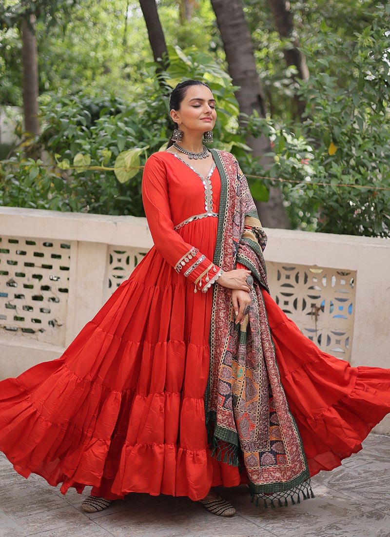 Orange Silk Foil Mirror Gota Work Anarkali Suit After Six Wear