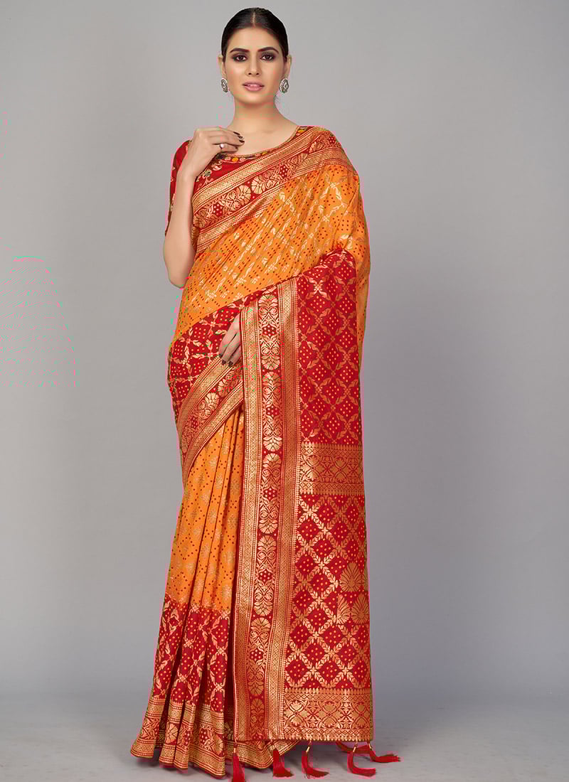 Orange Silk Foil Print Saree Festive Wear