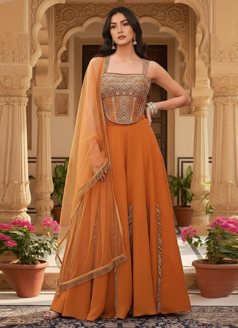 Orange Silk Hand Embroidered Sequins Palazzo Suit Wedding Wear
