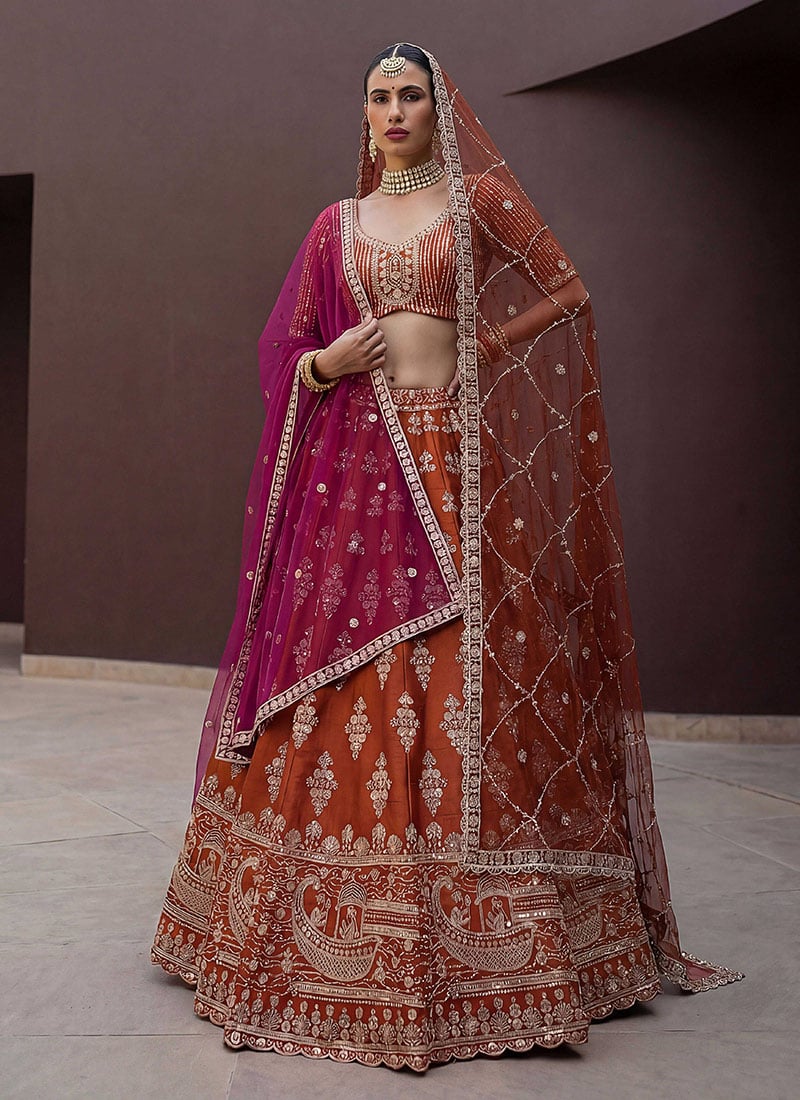 Orange Silk Hand Embroidered Zari Embroidery Lehenga Wedding Wear