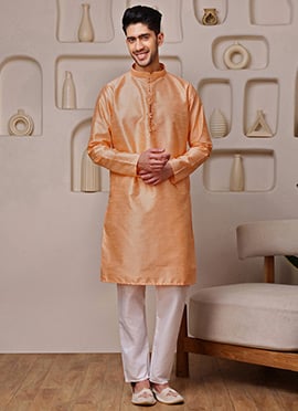 Orange Silk Jacquard Woven Kurta Pyjama