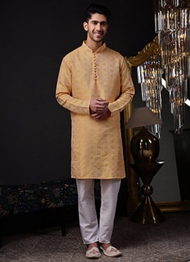 Orange Silk Jacquard Woven Kurta Pyjama