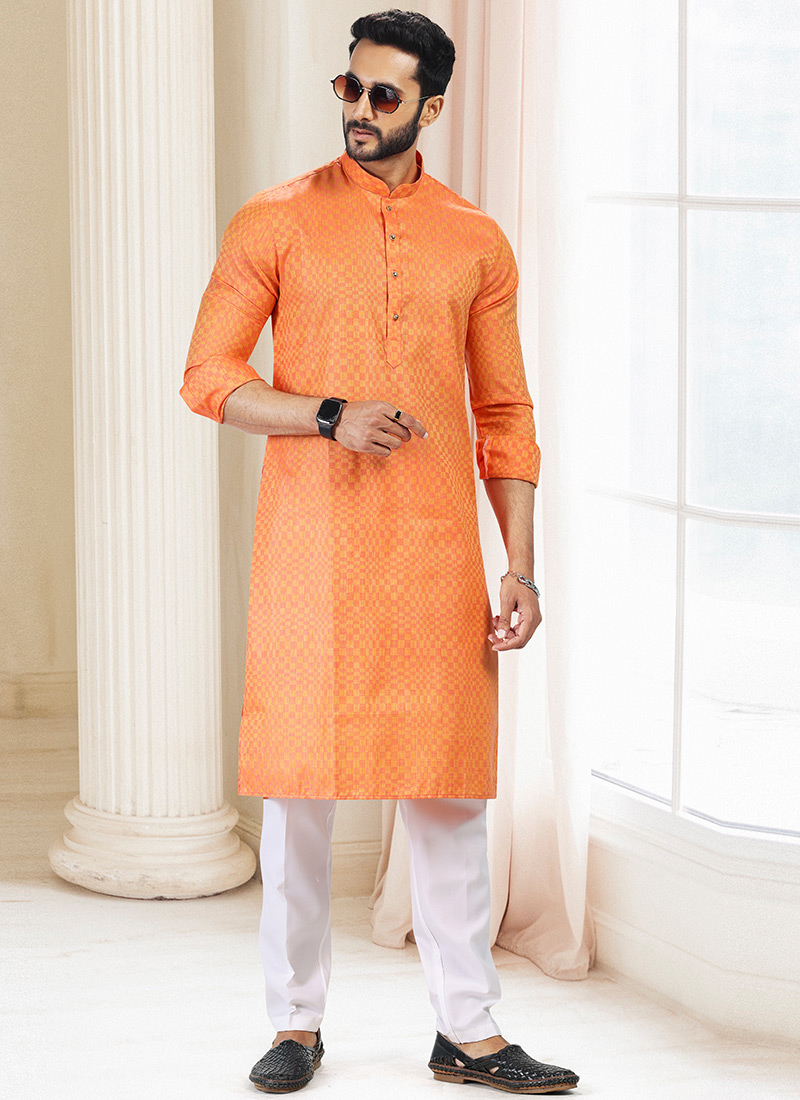 Shop Orange Silk Kurta Pyjama Party Wear Online at Best Price Cbazaar
