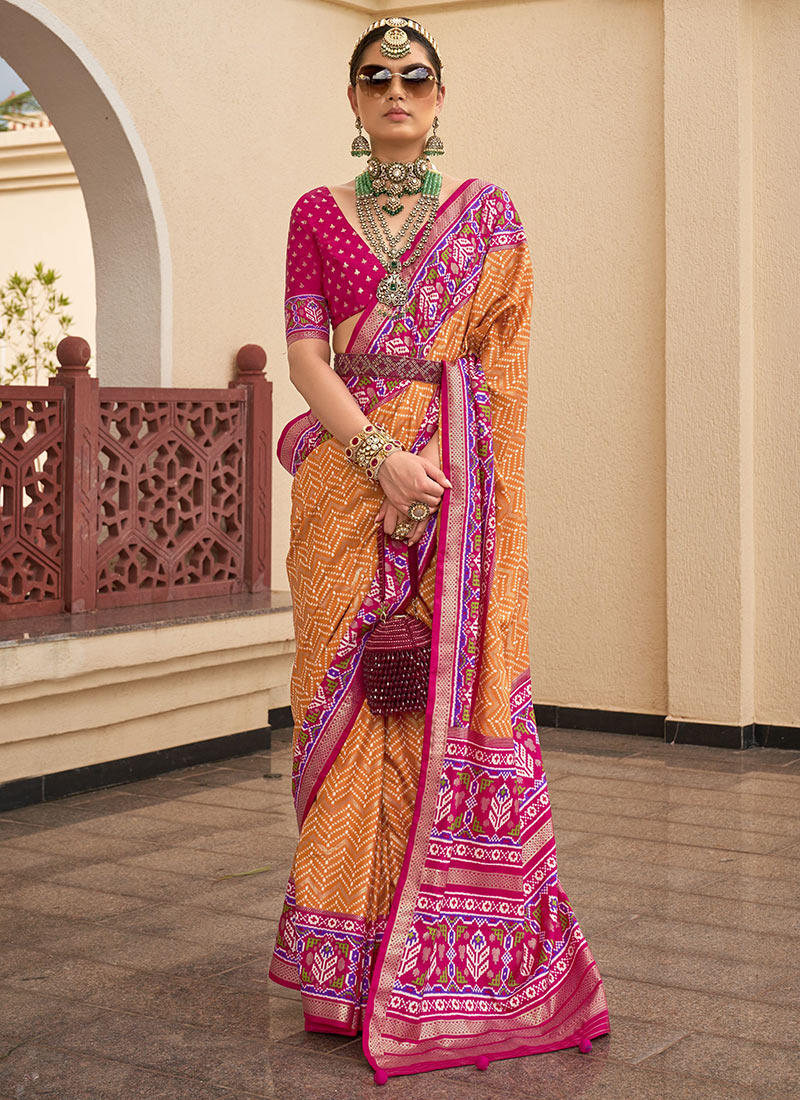 Orange Silk Patola And Digital Printed Saree