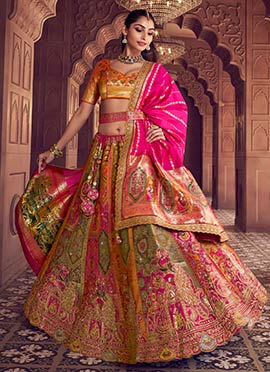 Orange Silk Resham Zari Stones Umbrella Lehenga