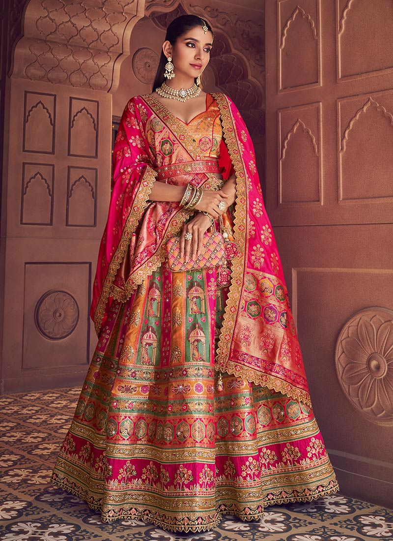 Orange Silk Resham Zari Stones Umbrella Lehenga Wedding Wear