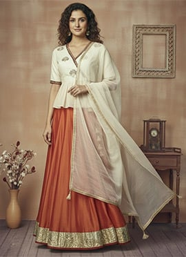Orange Silk Sequins A Line Lehenga