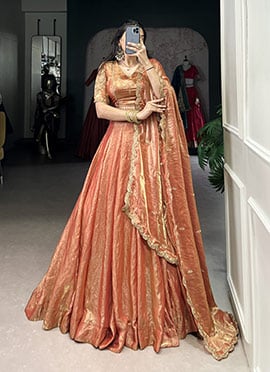 Orange Silk Sequins Embroidered Lehenga Wedding Wear