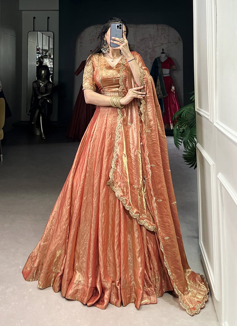 Orange Silk Sequins Embroidered Lehenga