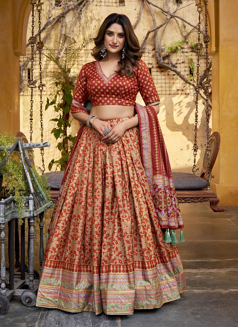 Orange Silk Sequins Embroidered Thread Umbrella Lehenga Wedding Wear