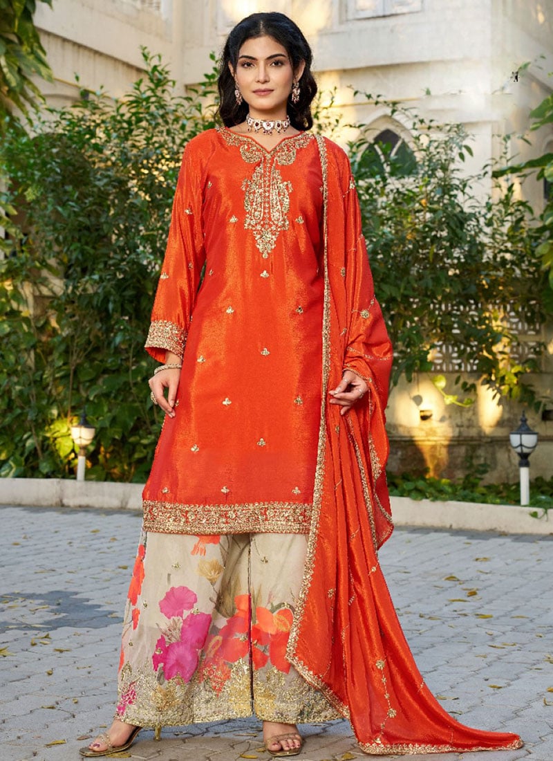 Orange Silk Sequins Printed Sharara Suit Festive Wear