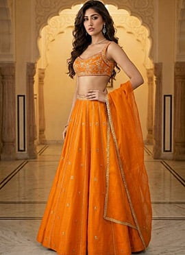 Orange Silk Stones Sequins Zari Hand Embroidered Lehenga