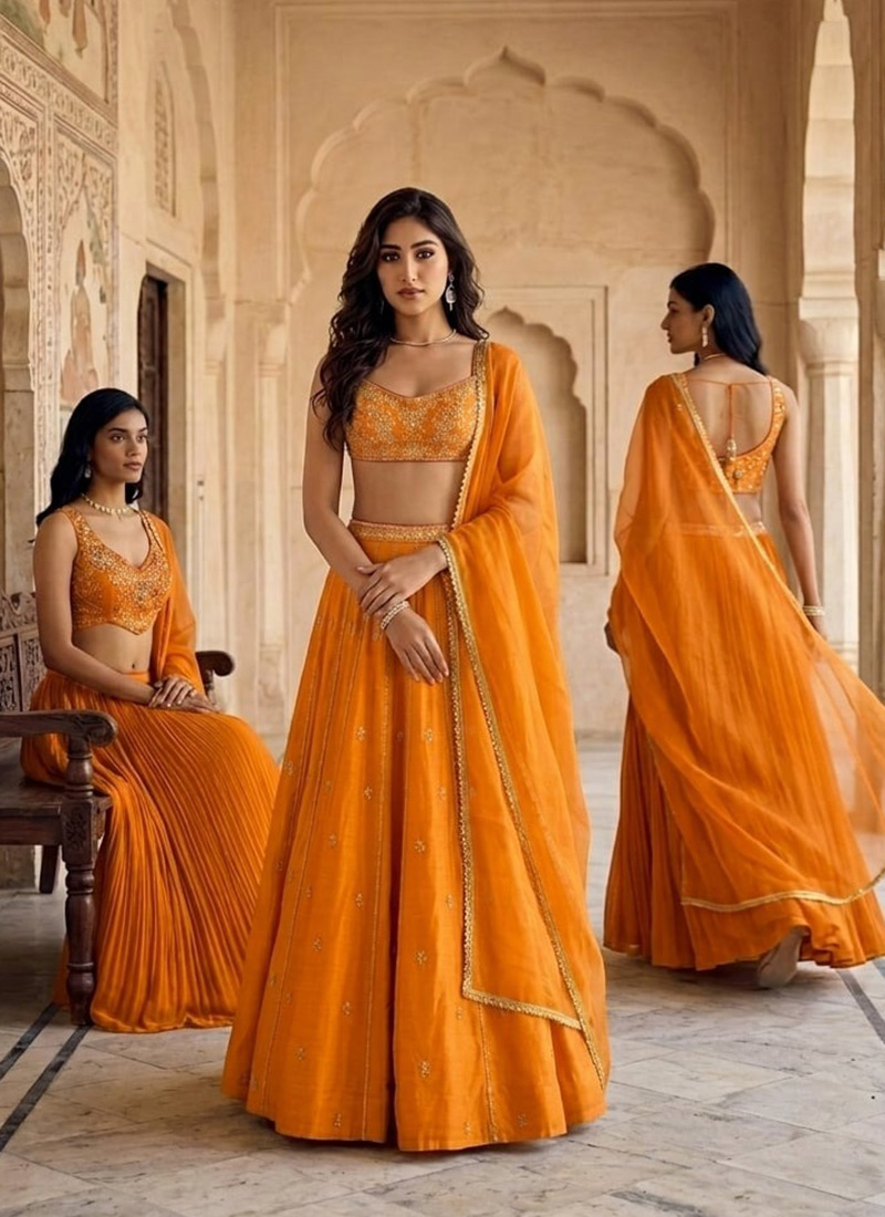 Orange Silk Stones Sequins Zari Hand Embroidered Lehenga Wedding Wear